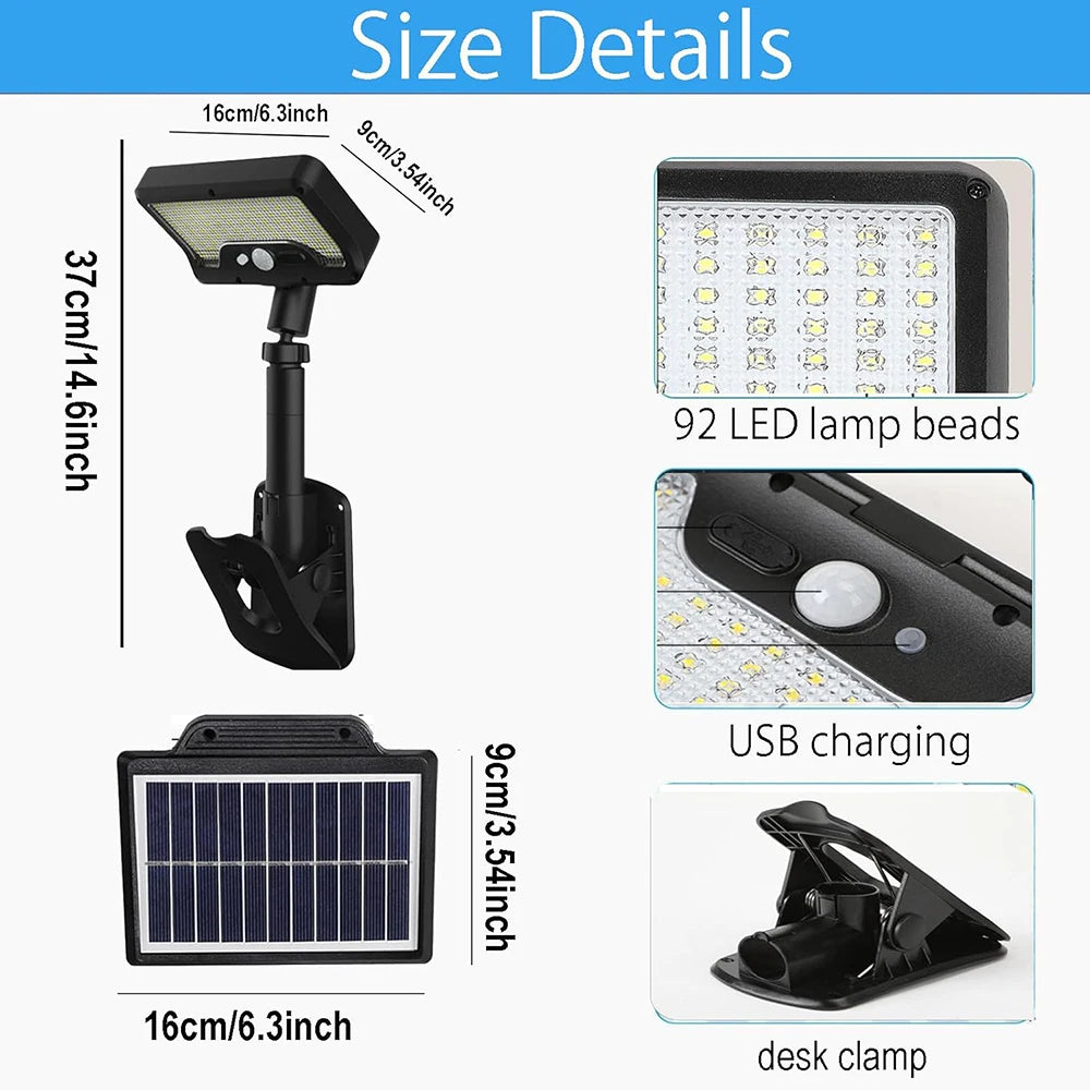 92 LED Solar Clip-on Motion Sensor Lights, LED Street Light, Waterproof Wall Lamp, for Camping Garden Yard Tent Patio Outdoor