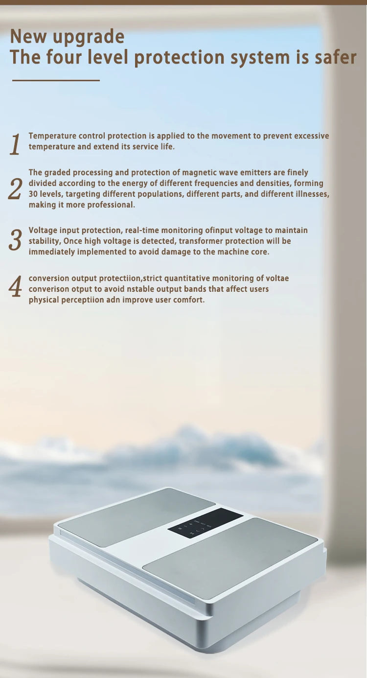 White, rectangular electronic magnetic wave therapy device with a central touch control panel and two grey platforms.