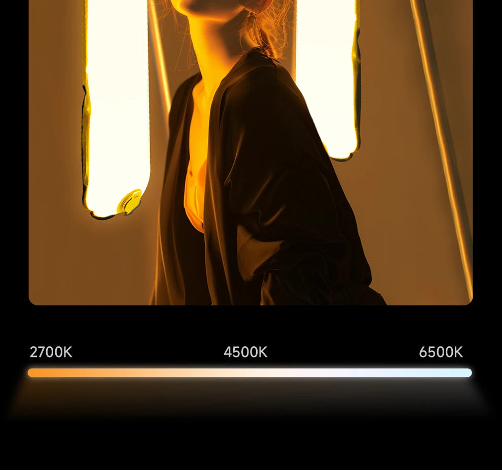 Vertical LED light stick with adjustable color temperature from 2700K warm yellow to 6500K cool white for photography.