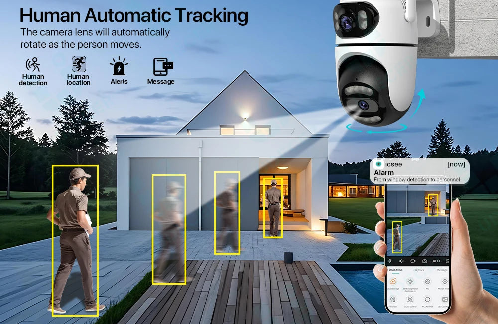 8MP 4K HD Wifi PTZ Camera iCsee APP Dual Lens Dual Screens Video Surveillance IP Camera Ai Tracking Outdoor Home Security CCTV