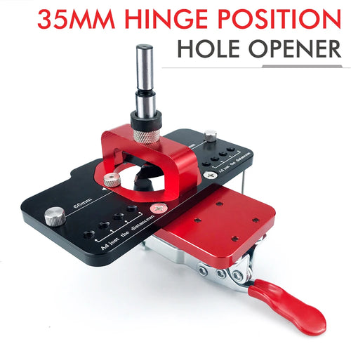 35mm hinge hole opener jig with red handle, black base plate, and adjustable punch rod