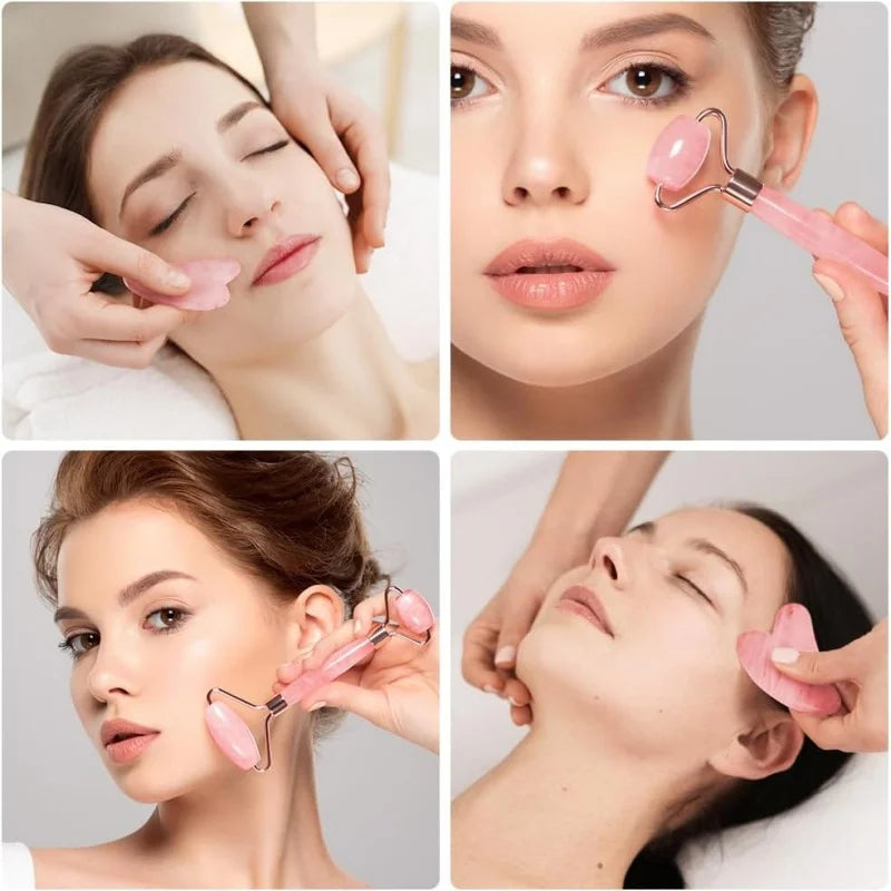 Rose quartz gua sha tool and facial roller used for massaging the face and neck to promote skincare absorption.