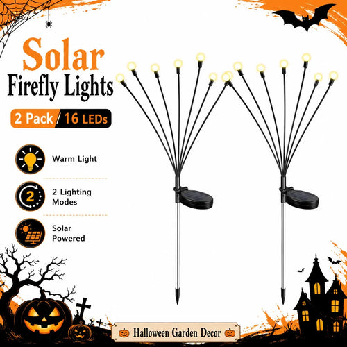 Solar firefly garden lights, 2-pack, 16 warm white LEDs on thin black stakes