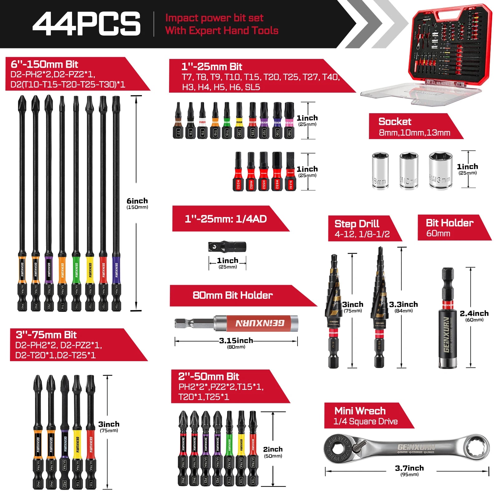 Geinxurn Tools Set Packaged with Screwdriver Bit,Mini Wrench,Socket Driver,Step Drill,Socket Adapter and Bit Holder for DIY