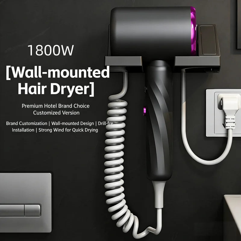 Black wall-mounted 1800W hair dryer with coiled cord, sleek bathroom design, and drill-free installation mount.