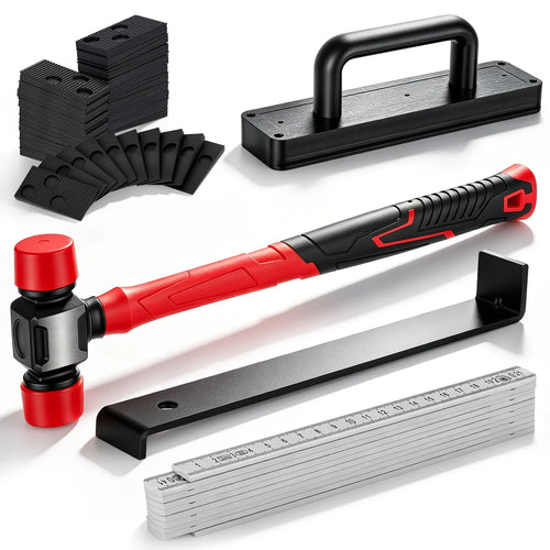 Black and red laminate flooring tool set with pull bar, mallet, spacers, tapping block, ruler