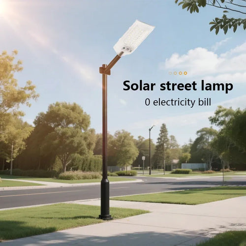 Outdoor solar street lamp with white LED panel on black pole