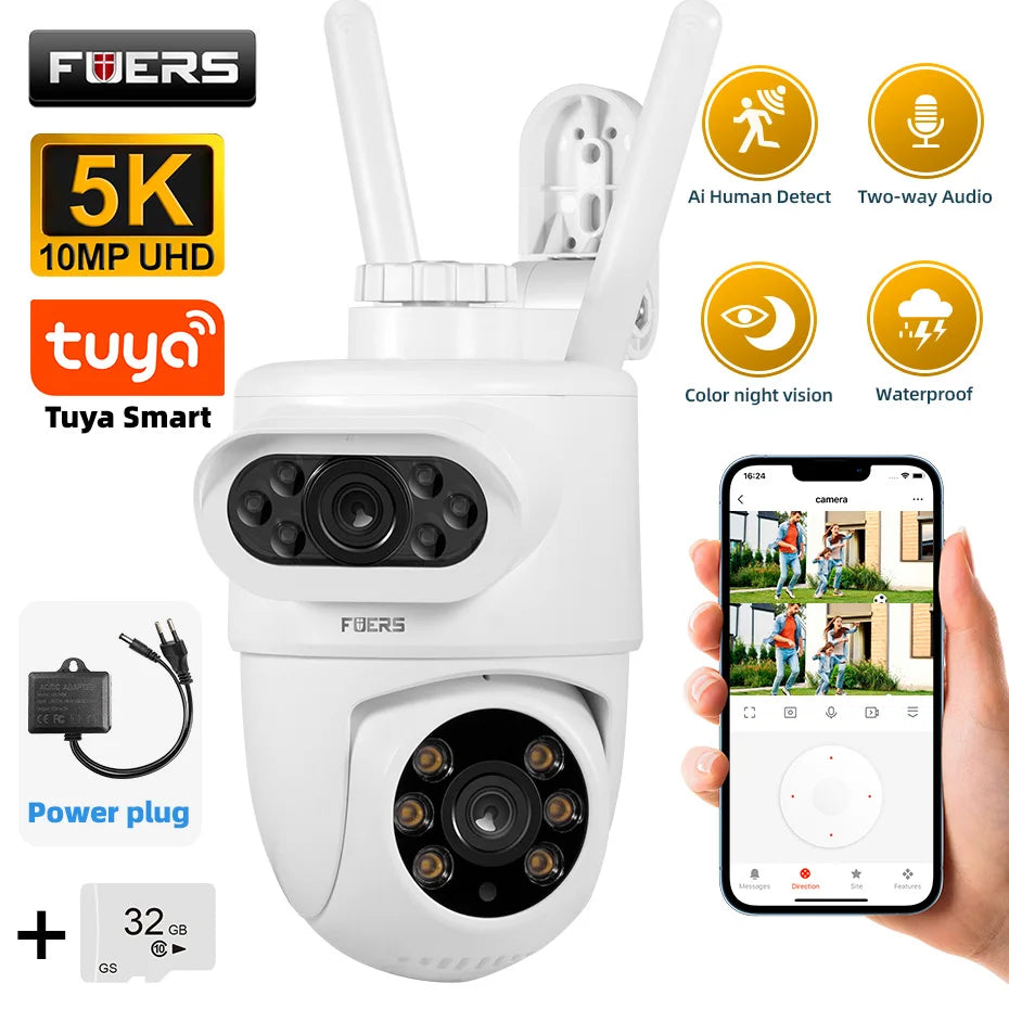 Dual-lens outdoor WiFi security camera, white dome with two lenses and app control