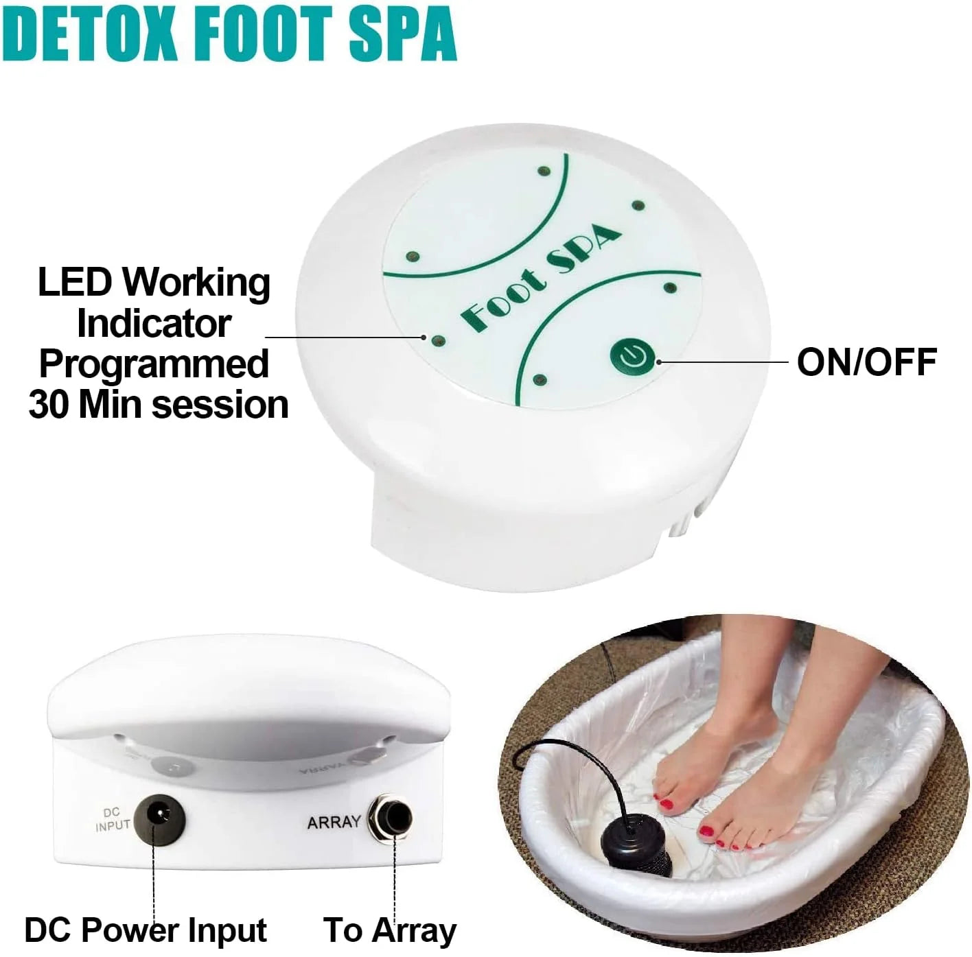 White ionic foot detox spa machine with LED indicator, power button, and array input used for home cleansing therapy.