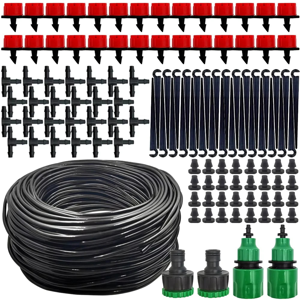 Micro drip irrigation tubing set with rows of black T-joints, red caps, and drip stakes