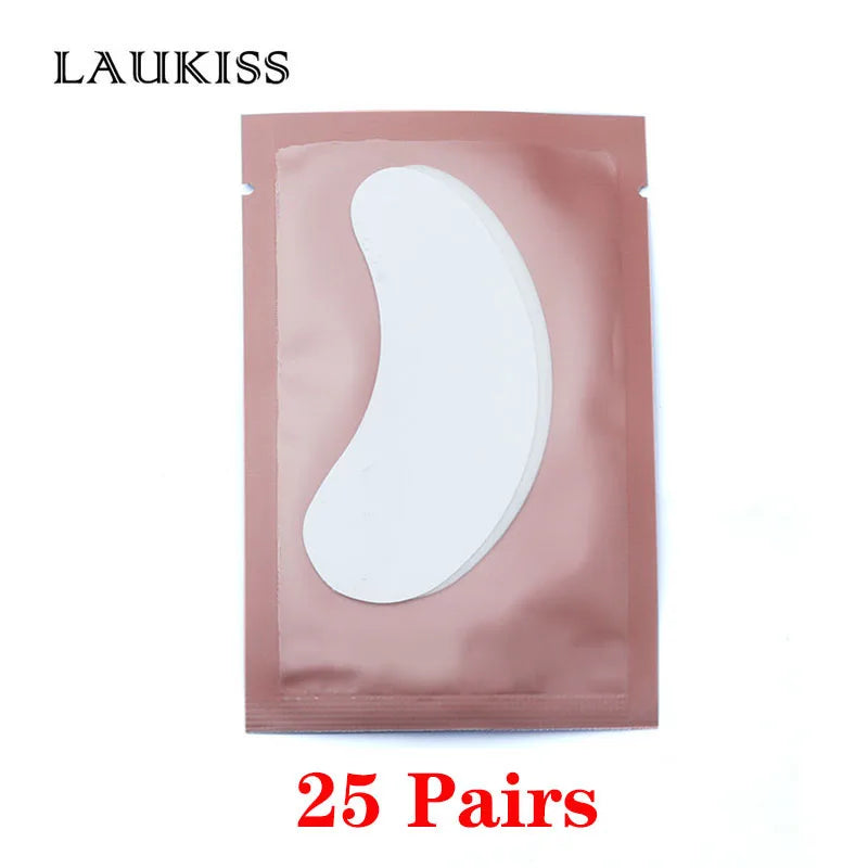 White lint-free eyelash extension gel pads in a metallic rose gold pouch for lash application and eye care.