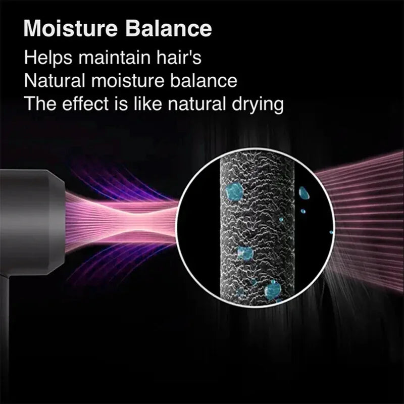 Ionic hair dryer with anion tech showing moisture balance technology for healthy, hydrated hair blowout styling.