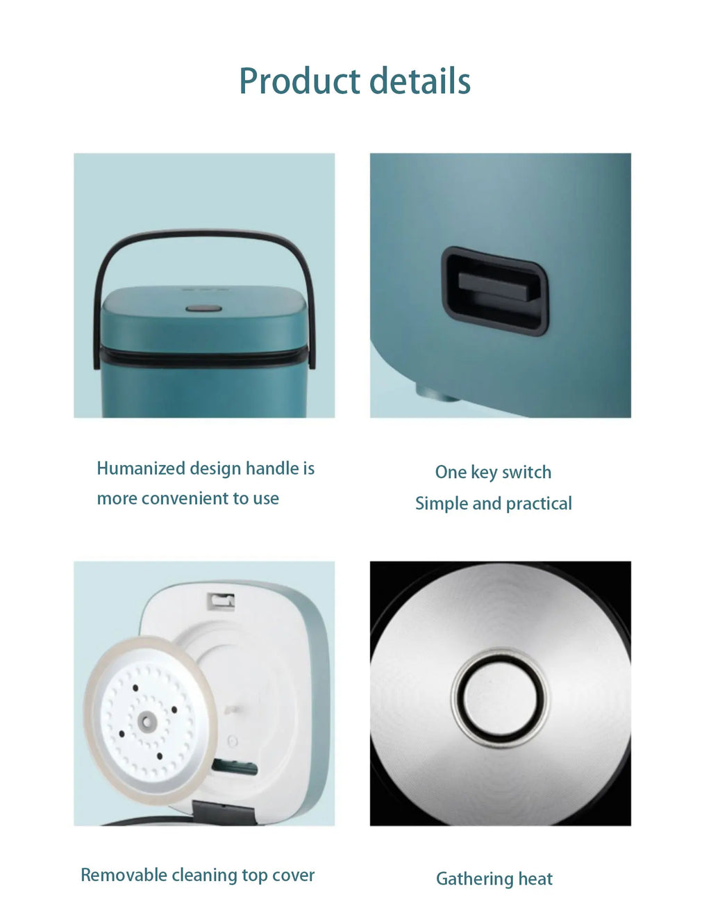 Mini electric rice cooker with handle, removable top cover, and heat-gathering base
