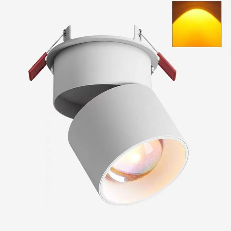 White LED ceiling spotlight with angled cylindrical head and red mounting brackets