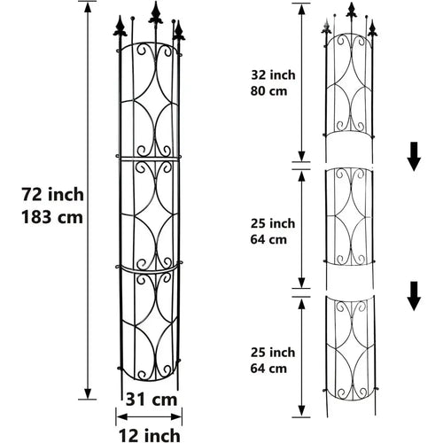 Black metal vertical plant trellis frame with decorative scrollwork sections, height layout