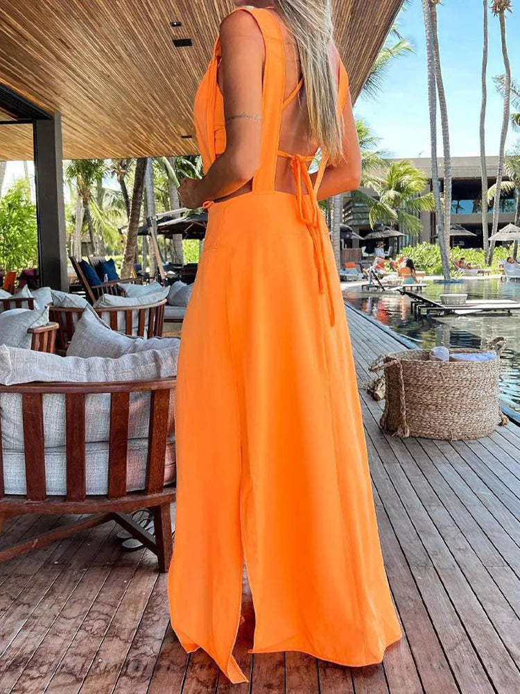 New Sexy Sets Women Summer Beach Style Printed Hollow Out Party Dress Outfit Deep V-Neck Bra Split Dress 2PCS Suits Dropshipping