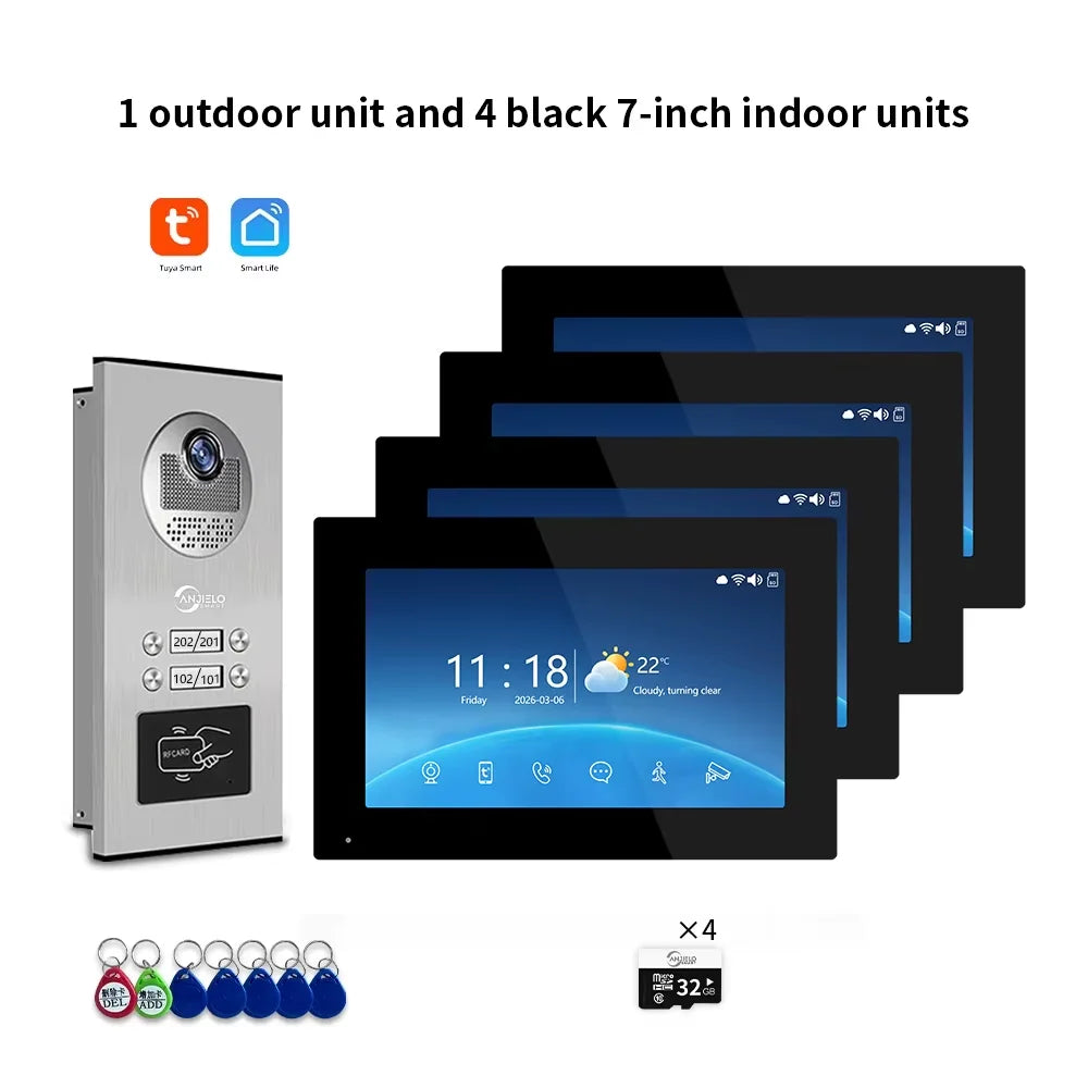 ANJIELO 7 Inch 1080P Tuya WiFi Video Door Phone 2‑4 Units Multi Apartment Intercom Remote Unlock Home Security Video Doorbell