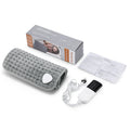 Grey quilted plush electric heating pad with digital controller, power cord, user manual, and retail box.