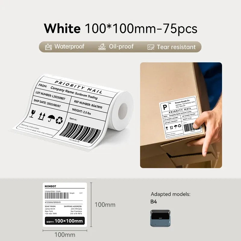 White 100x100mm label stickers roll, 75 pcs, barcode and address label examples