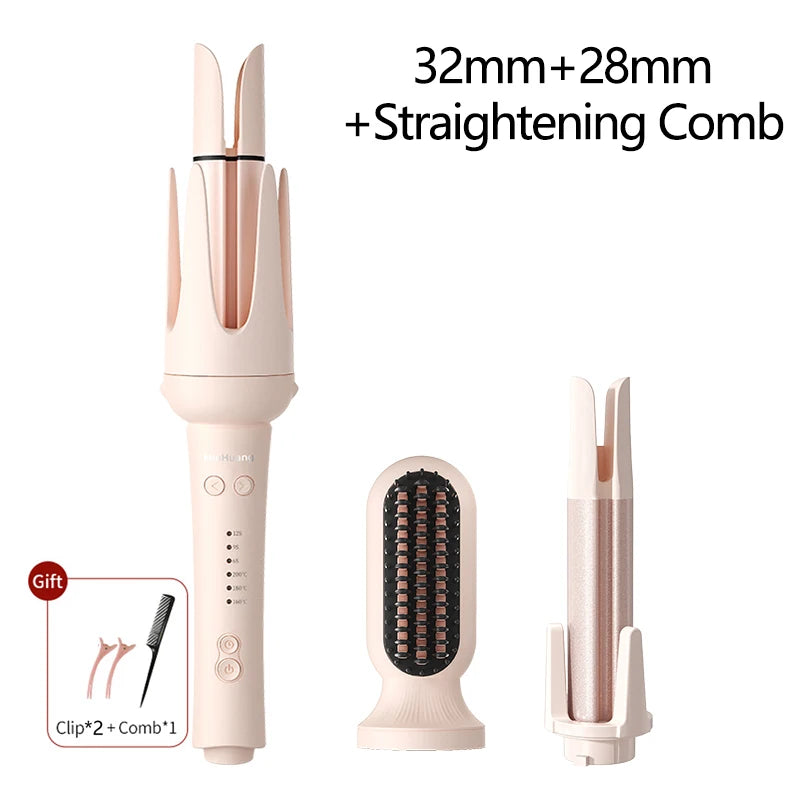 Pink automatic curling iron with 32mm/28mm barrels, straightening comb attachment, and hair clips for salon styling.