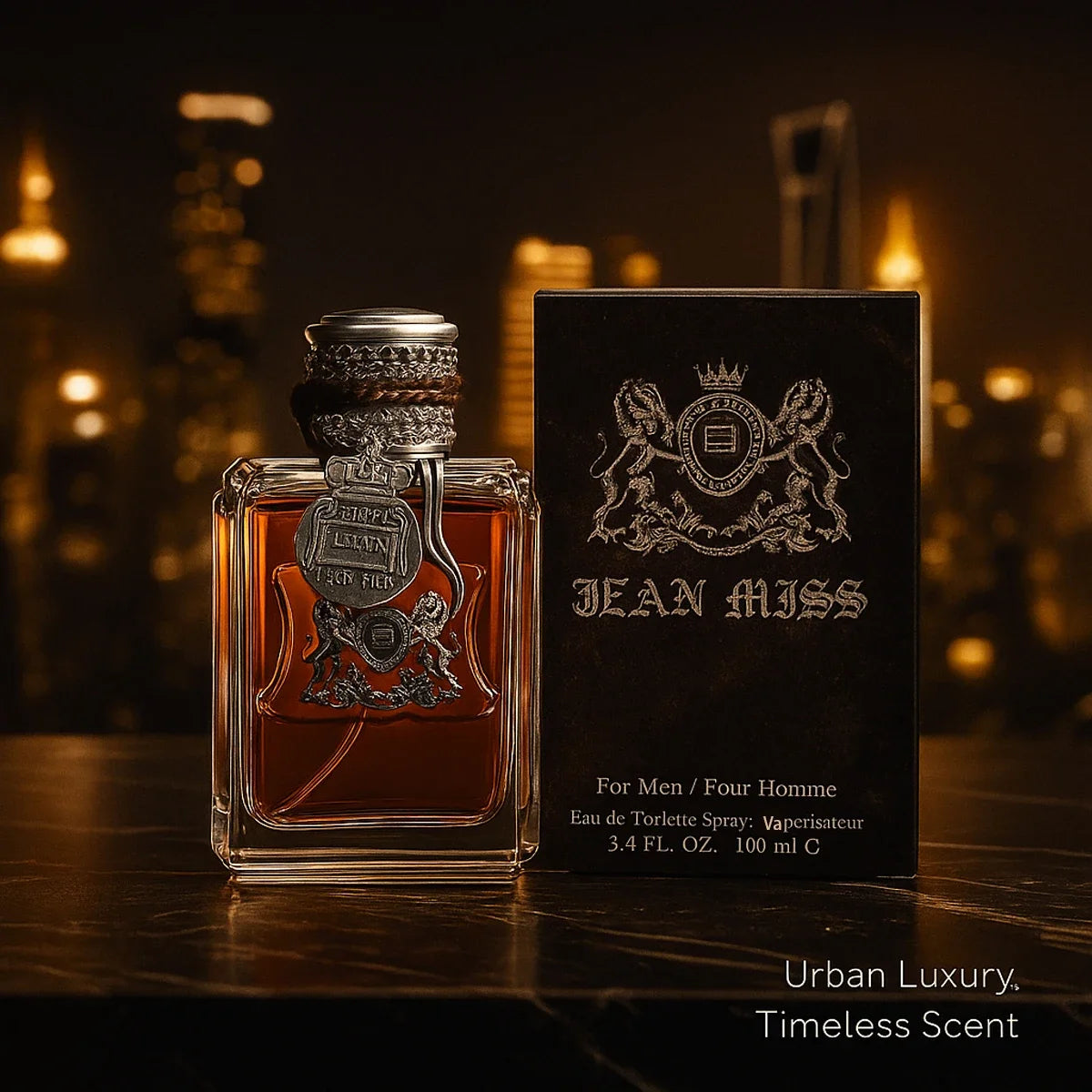 JEAN MISS Woody Eau de Toilette for Men: 100ml luxury glass bottle with regal crest emblem and metallic cap.
