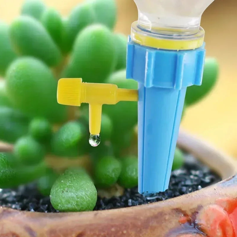 Automatic drip irrigation stake with blue body and yellow connector, steady drip
