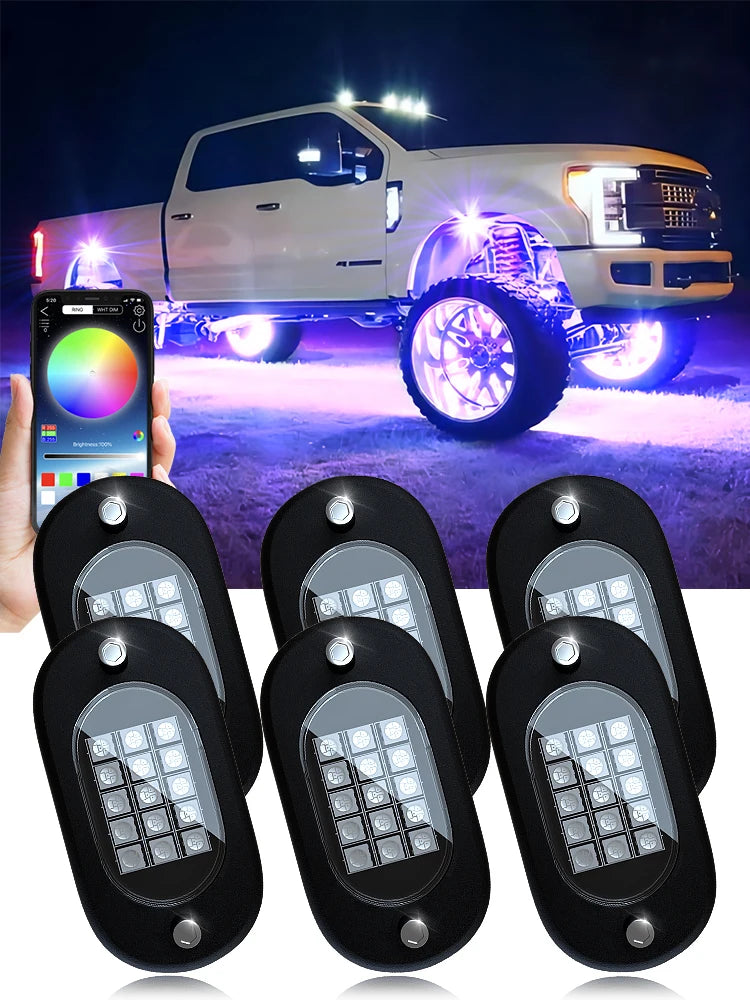 RGB LED Rock Lights for Trucks - App Controlled Neon Underglow Kit 6 pods Tidesmit