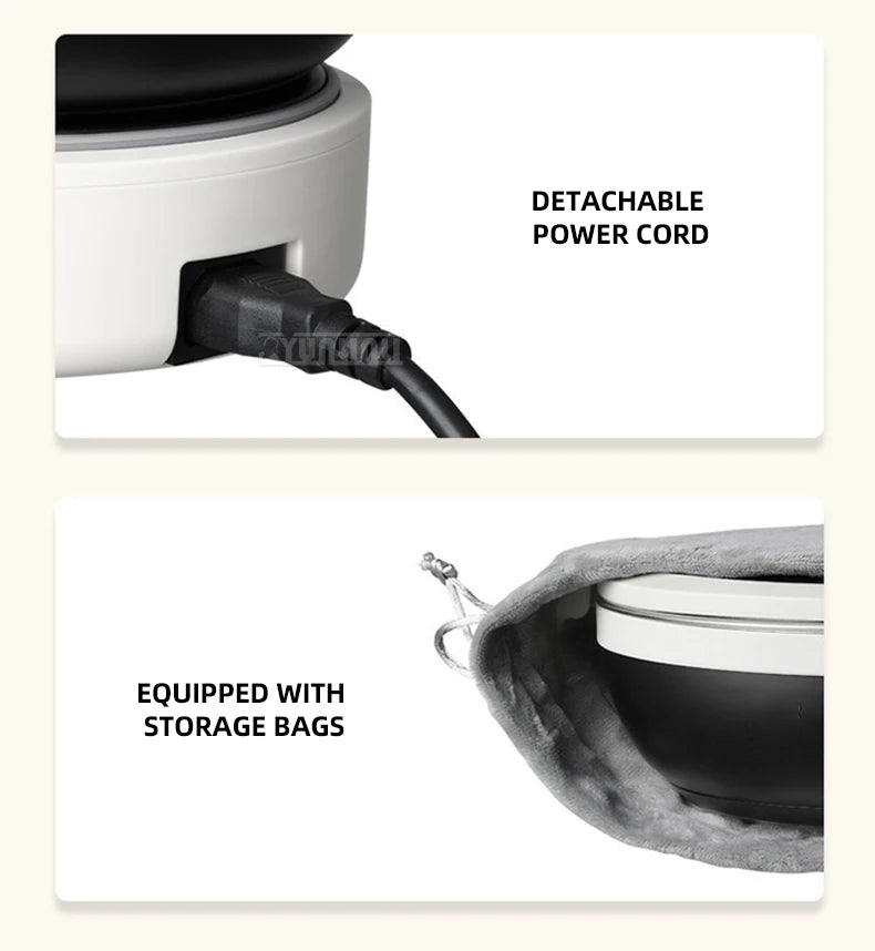 Portable split electric cooker showing detachable power cord and storage bag