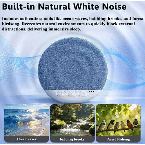 Blue white noise machine for deep sleep with round speaker, control buttons, and nature sound icons.