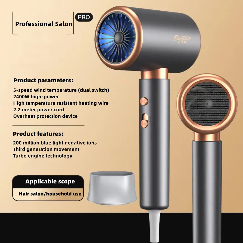 2400W high-speed professional hair dryer in grey and gold with blue light ion technology and magnetic nozzle attachment.