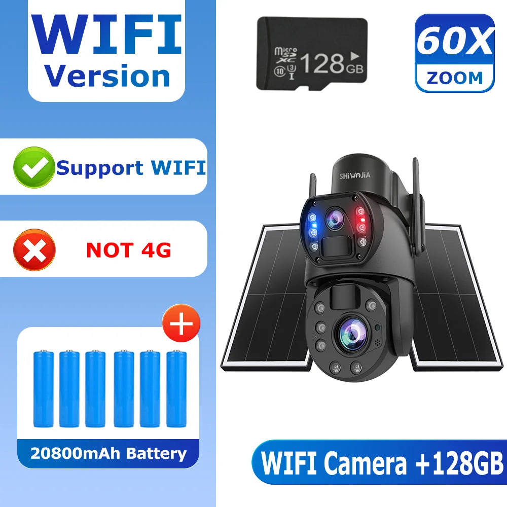 WiFi outdoor solar security camera with 60x zoom, 128GB microSD card shown