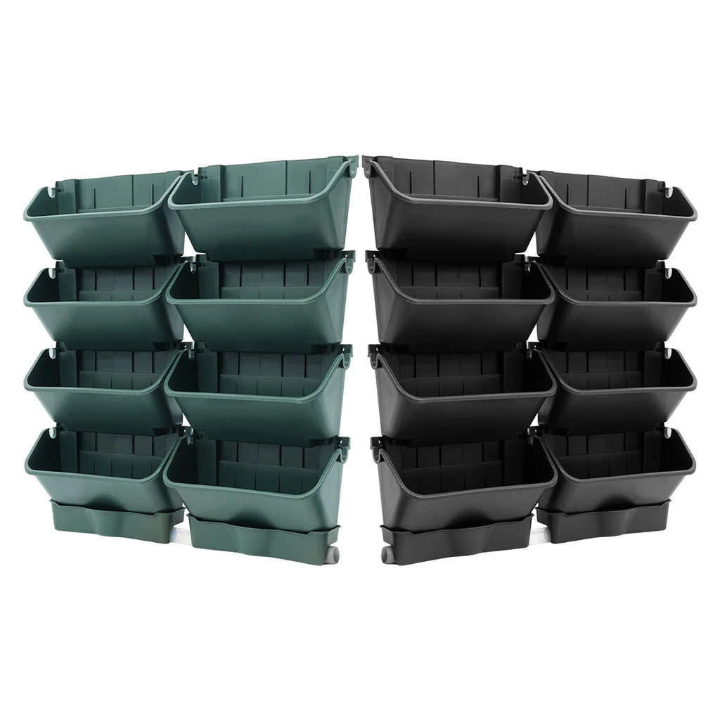 Wall-mounted vertical planter set with stackable dark green and black planter pockets