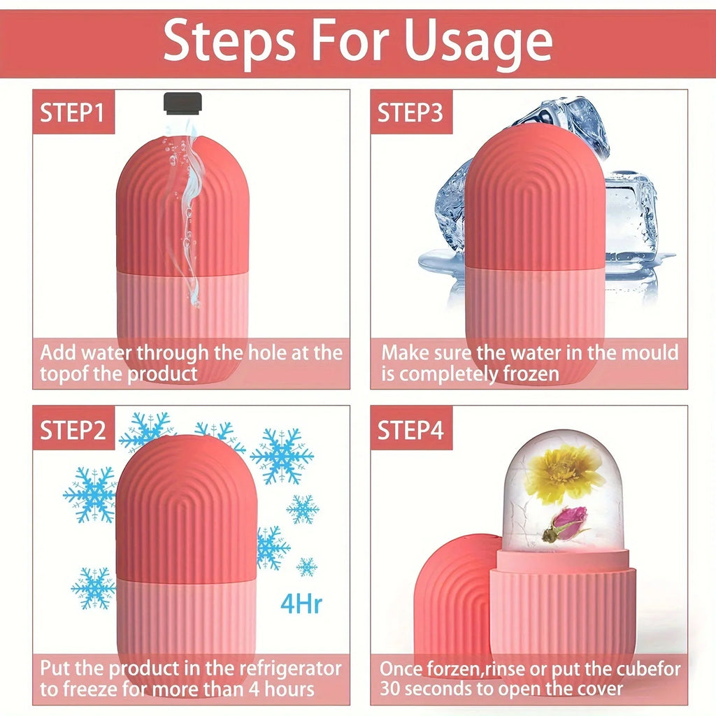 Four-step infographic showing how to fill, freeze, and use a pink, ribbed silicone facial ice roller mold.