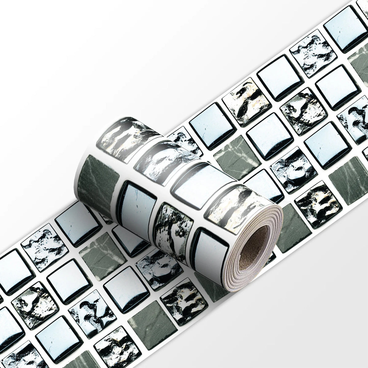 Mosaic tile wall sticker strip roll with silver and muted green square tiles