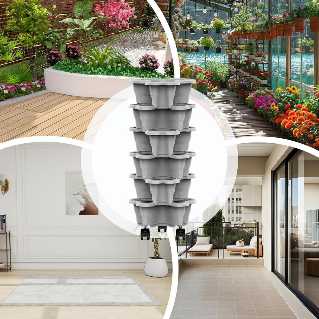 Gray plastic vertical planter tower with four tiers and wheels outdoors on a terrace walkway