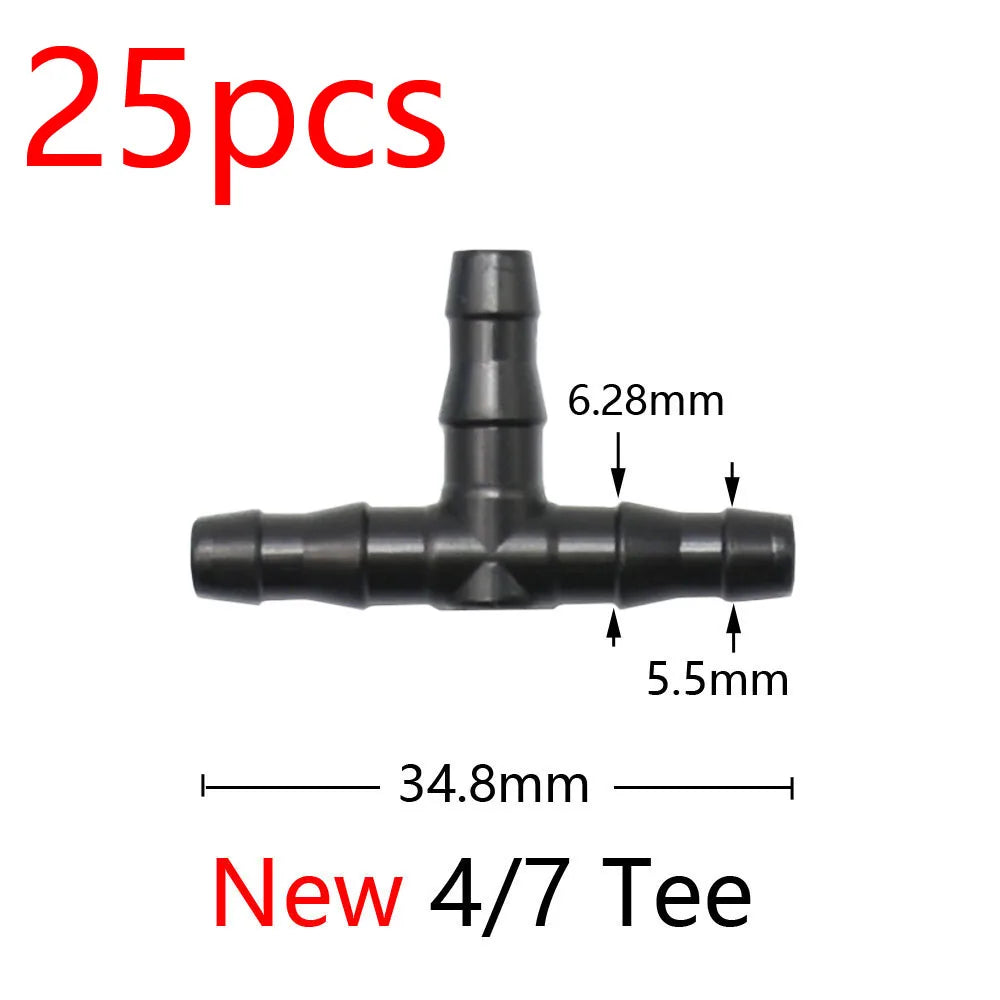 New 4/7mm barbed tee irrigation connector, dark plastic three-way fitting