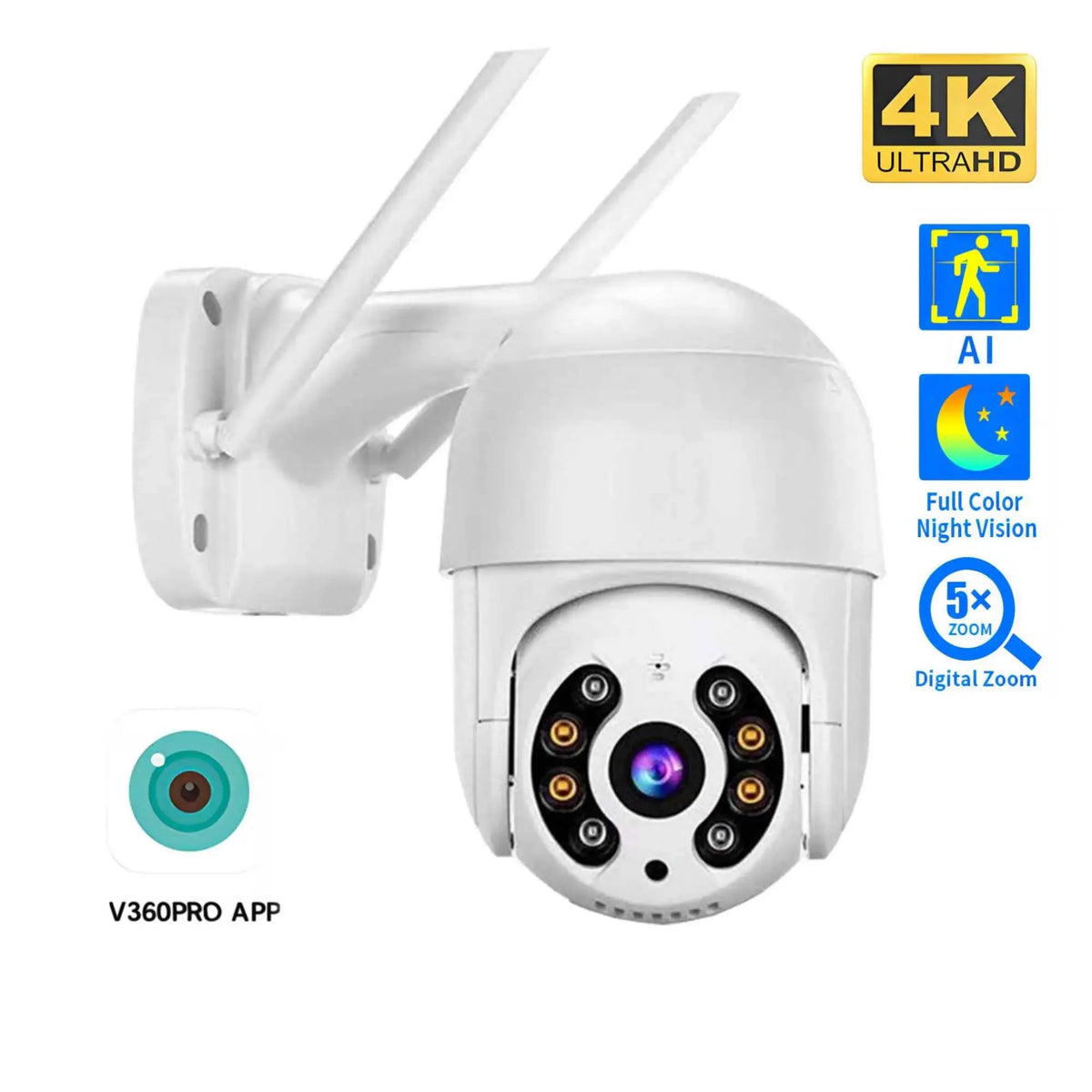 White outdoor wireless PTZ dome security camera with two antennas and visible lens array