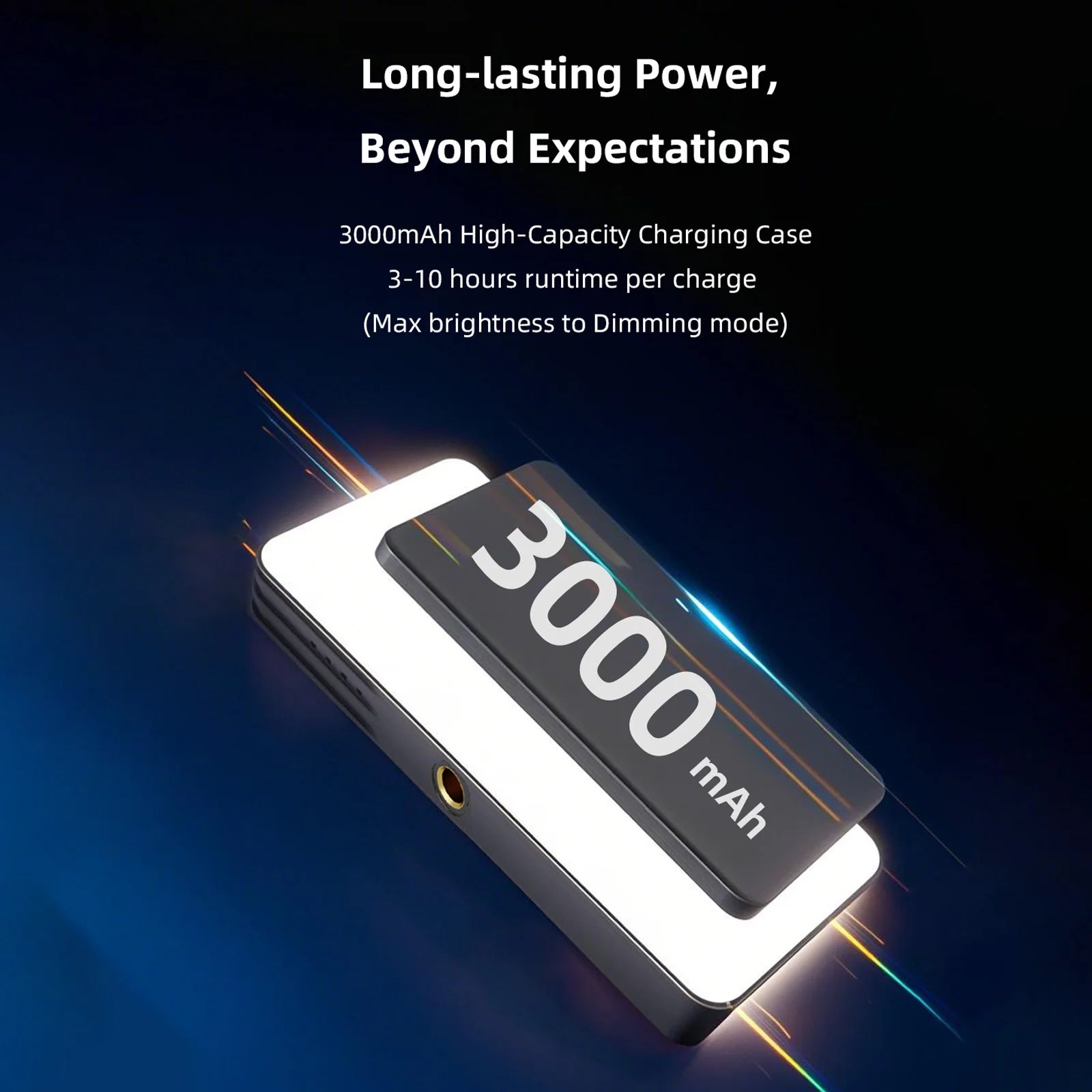 Rectangular LED light panel with a 3000mAh charging case for portable photography and video lighting.
