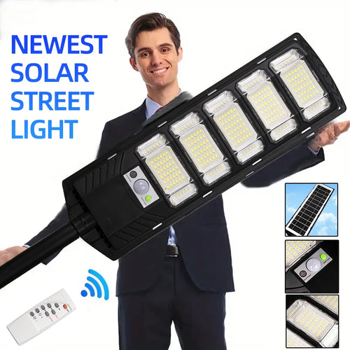 Commercial solar street light with multi-panel LED head and motion sensor