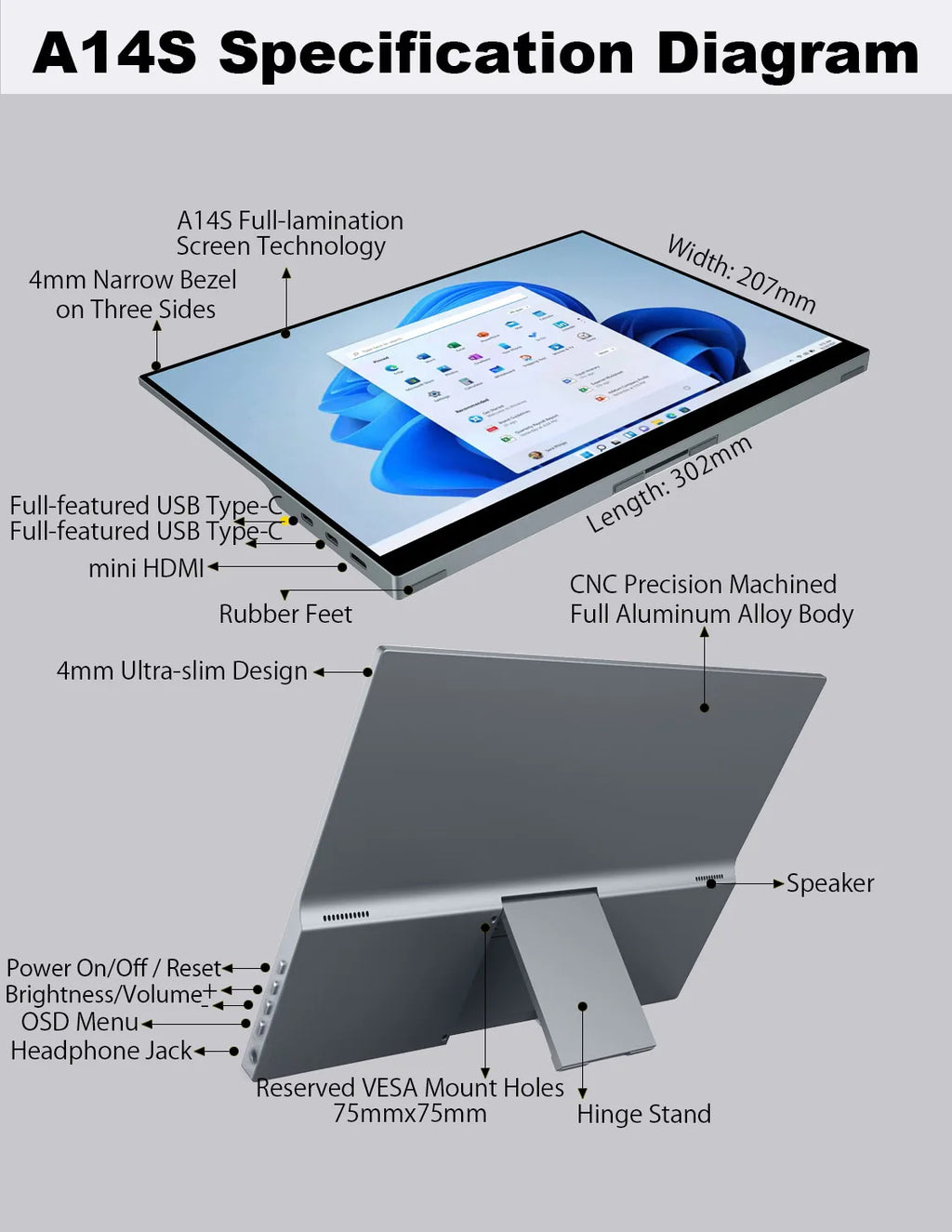 KUNGFUGO A14S Portable Monitor 14" 3K Fully Laminated CNC Aluminum Alloy  Single-Cable Expansion Screen