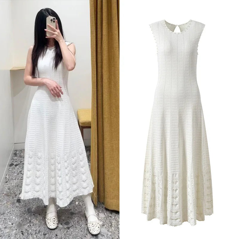 CHUJIE 2025 Summer 3-Piece French Style Set - Knit Maxi Dress + Sleeveless Top + Cover-Up, Pearl & Hollow Out, Viscose+Nylon