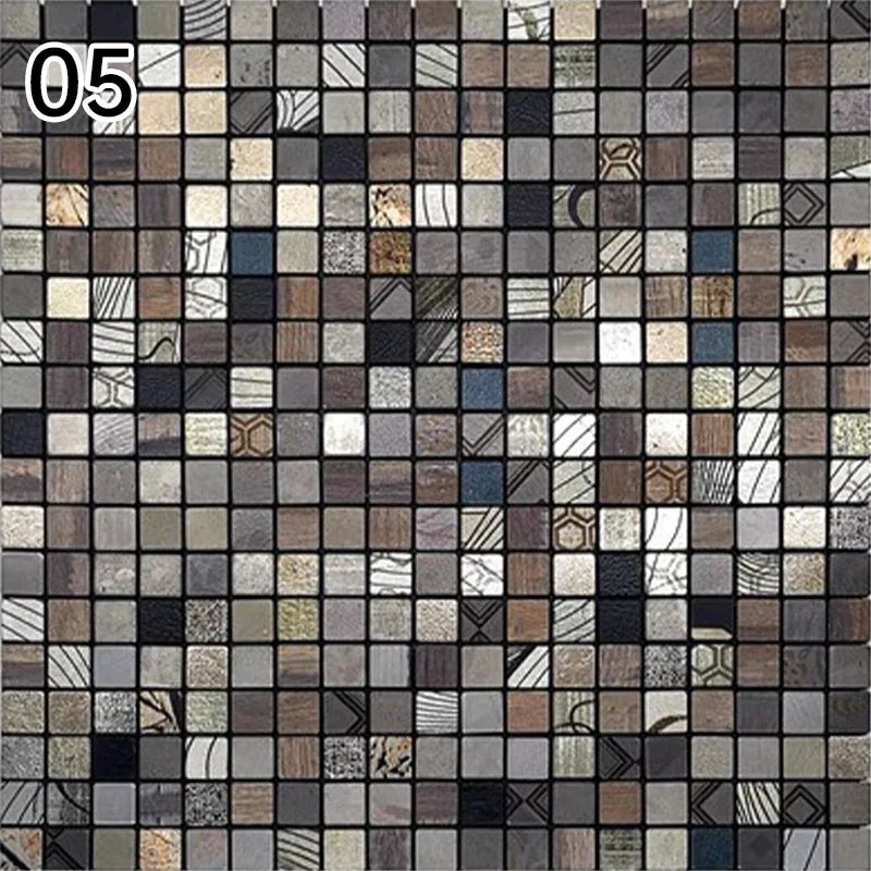 Self-adhesive mosaic wall decal with dark gray and beige tile squares arranged in a grid