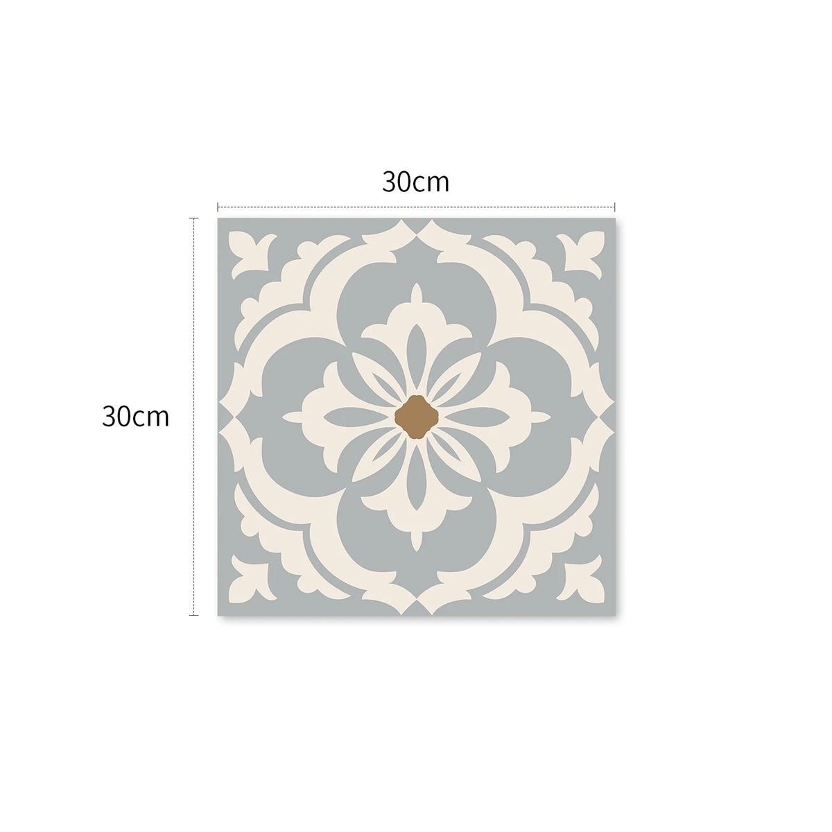 Square vinyl tile sample, light gray floral medallion on cream background, 30cm