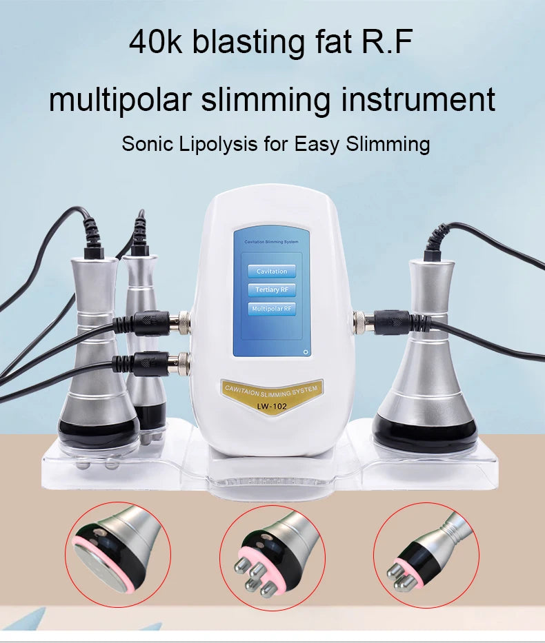 White 40k cavitation slimming machine with a digital screen, attached silver applicators, and close-up probe details.