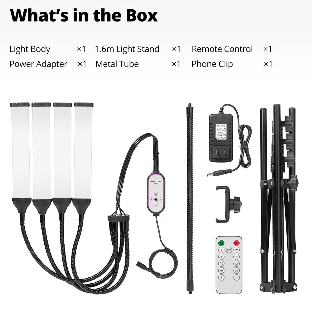 Photography lighting kit with four LED strips, controller, 1.6m stand, phone clip, power adapter, and remote control.