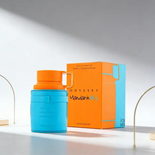 Odyssey men's perfume set with blue cap bottle and orange product box