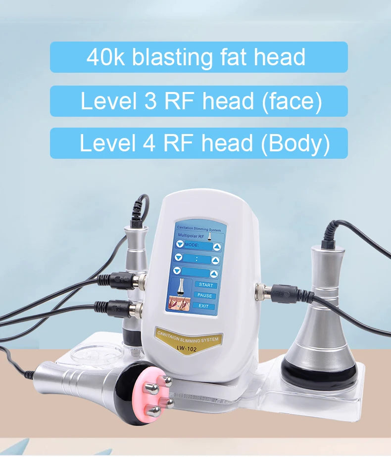 White 40k cavitation slimming machine with three interchangeable silver-and-black RF heads and a digital touch screen.