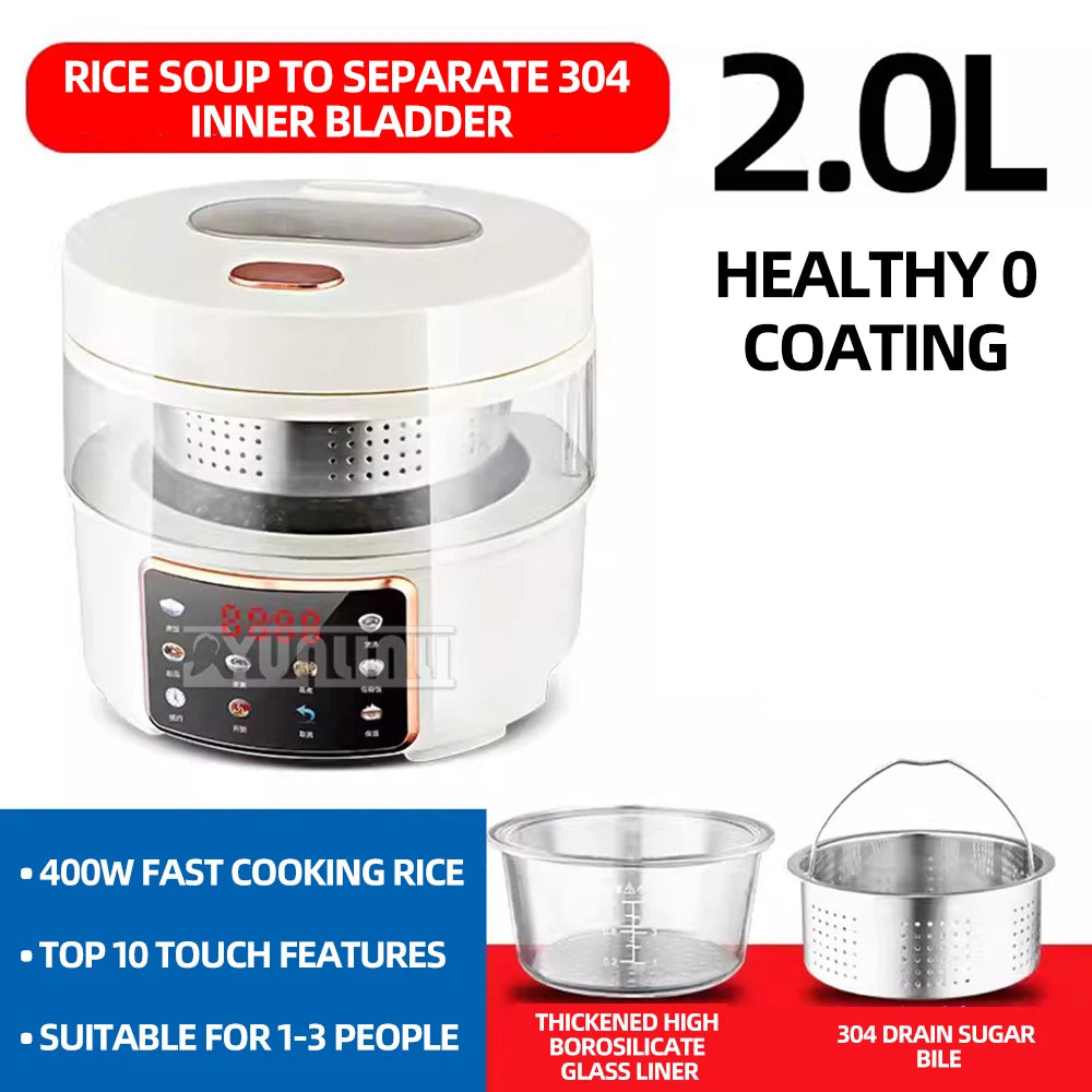 White 2L rice cooker with transparent chamber, touch panel, and drainable inner pot