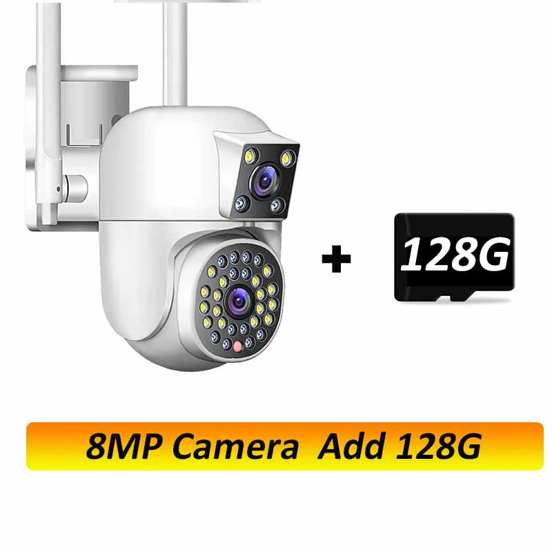 White PTZ dome security camera with three lenses and included 128G memory card