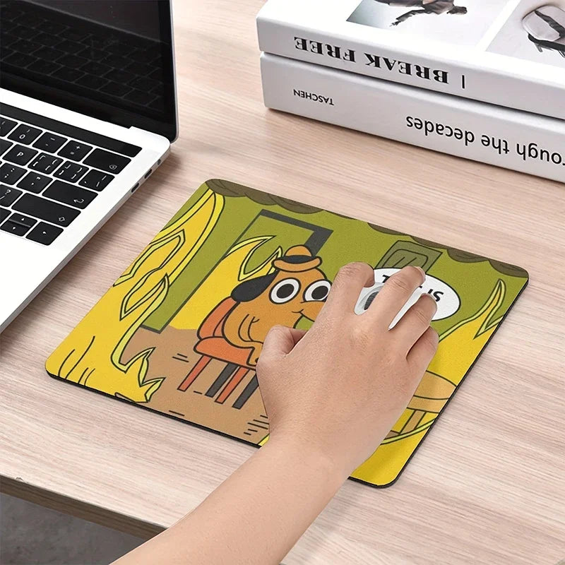 Cute This Is Fine dog mouse pad, non-slip rubber computer mat for smooth gaming and office desk productivity.